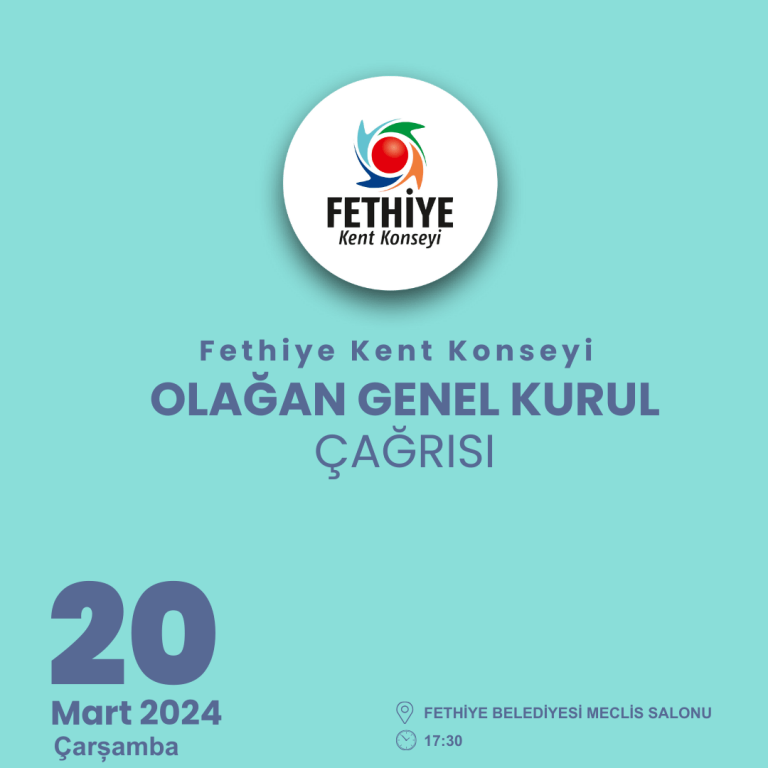 Fethiye Kent Konseyi Olağan Genel Kurulumuz 20 Mart 2024 tarihinde saat 17:30'da ve yeterli çoğunluk sağlanamaması halinde 22 Mart 2024 tarihinde saat 17:30'da Fethiye Belediyesi Meclis Salonunda gerçekleştirilecektir. Katılımlarınızı rica ederiz.